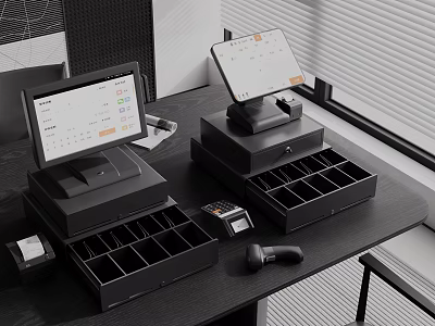 Business Equipment Featuring POS Terminals Cash Drawers Calculator And Barcode Scanner 3d model