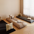 Japanese Style Floor Cushions And Pillows In Bright Room With Wooden Floor And Curtains