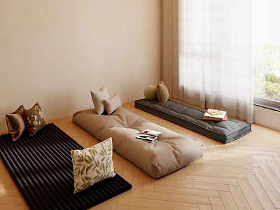 Japanese Style Floor Cushions And Pillows In Bright Room With Wooden Floor And Curtains 3d model
