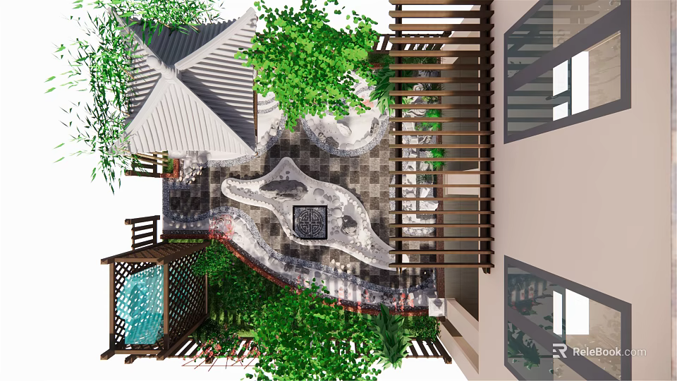 Courtyard Garden Design With Stone Pathway Green Plants Wooden Structures And Water Feature 3d model 
