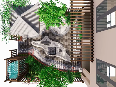 Courtyard Garden Design With Stone Pathway Green Plants Wooden Structures And Water Feature 3d model