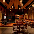 Cozy Bar Interior Featuring Decorative Rugs Wooden Tables Sound Equipment And Beverage Coolers