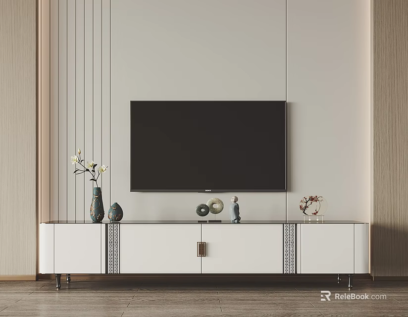Modern White TV Stand with Decorative Vases Ornaments Wall Mounted Television in Minimalist Living Room 3d model 