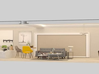 Gray Sofa And Coffee Table Set With Yellow Chairs Decorative Painting And Potted Plants 3d model
