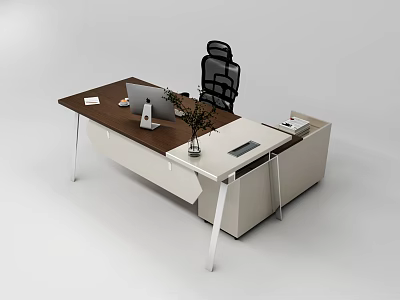 Modern Office Desk With Wooden Top White Cabinet Computer Plant And Ergonomic Chair 3d model