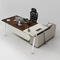Modern Office Desk With Wooden Top White Cabinet Computer Plant And Ergonomic Chair