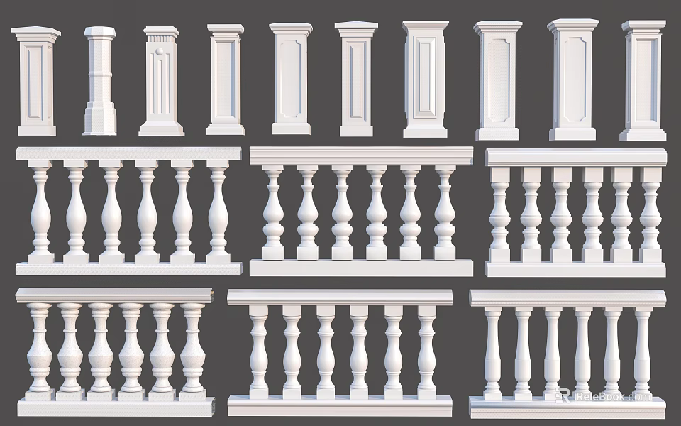 Various Architectural White Balustrade Designs Featuring Classic Columns And Ornate Details 3d model 