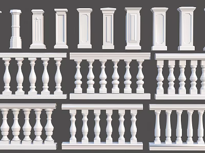 Various Architectural White Balustrade Designs Featuring Classic Columns And Ornate Details 3d model