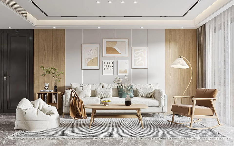 Modern Living Room Interior Featuring Beige Sofa Wooden Coffee Table Decorative Paintings And Floor Lamp 3d model 