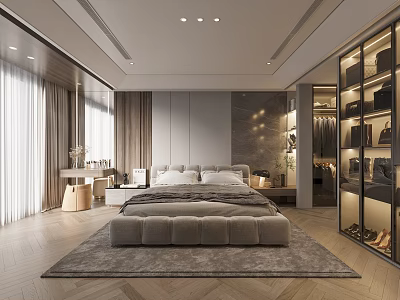 Modern Bedroom Interior Design With Large Bed Area Rug And Glass Wardrobe 3d model