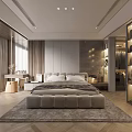 Modern Bedroom Interior Design With Large Bed Area Rug And Glass Wardrobe