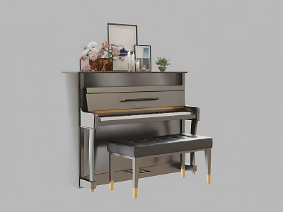 Elegant Piano and Art Supplies Display with Picture Frames Plants and Vase 3d model