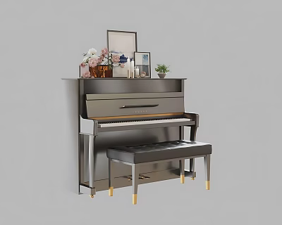 Elegant Piano and Art Supplies Display with Picture Frames Plants and Vase 3d model