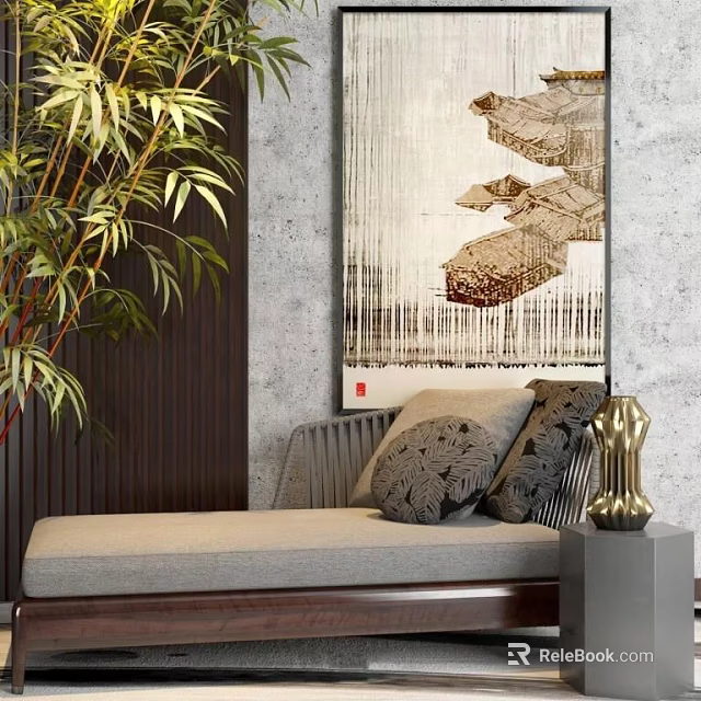 Modern Chaise Lounge In Interior With Green Plants Decorative Painting And Throw Pillows 3d model 