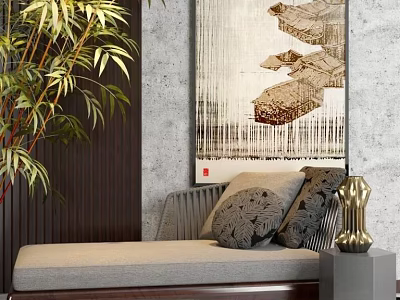 Modern Chaise Lounge In Interior With Green Plants Decorative Painting And Throw Pillows 3d model