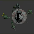 Rusty Vintage Robot Game Character With Green Mechanical Arms Round Head And Metallic Base
