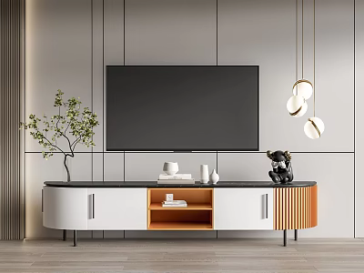 Modern White And Wooden TV Stand Design With Wall Background Green Plant And Hanging Lights 3d model