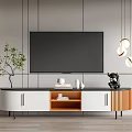 Modern White And Wooden TV Stand Design With Wall Background Green Plant And Hanging Lights