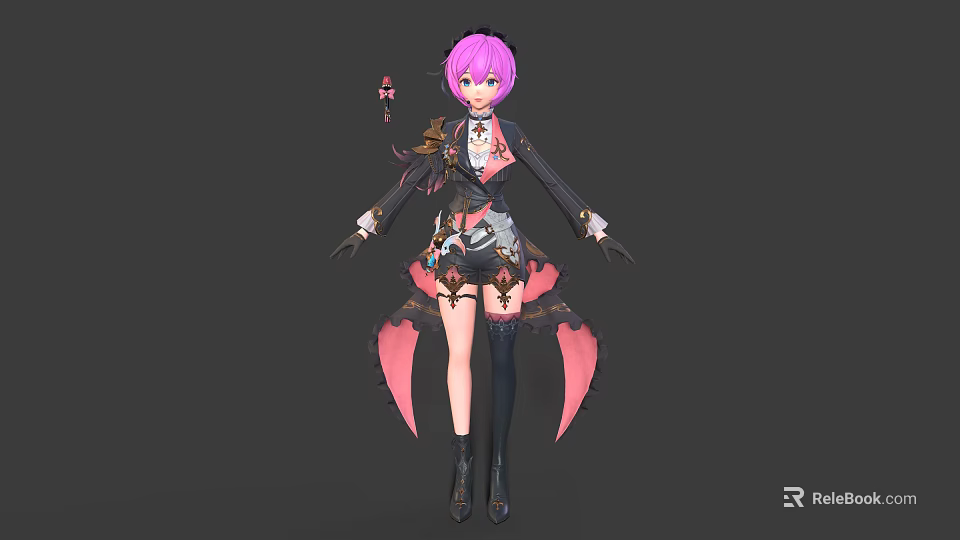 Anime Fantasy Character With Pink Hair Black Outfit And Creature Inspired Pink Wings 3d model 