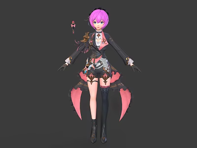 Anime Fantasy Character With Pink Hair Black Outfit And Creature Inspired Pink Wings 3d model