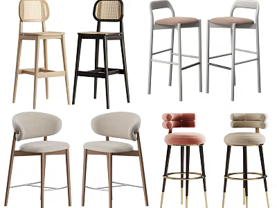 Various Design Bar Stools With Upholstered Seats Woven Backrests And Metal Wooden Legs 3d model