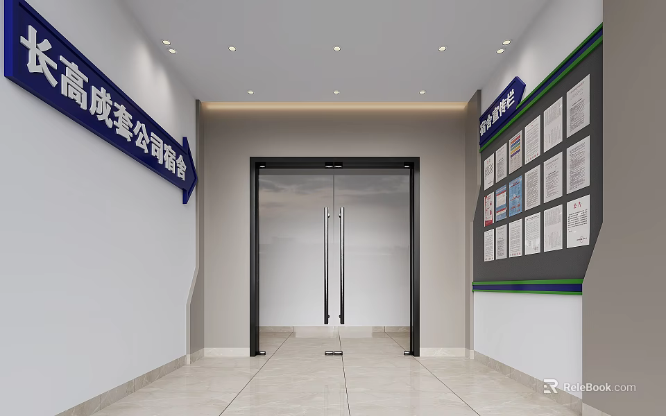 Modern Building Exterior Wall With Glass Door Signage Display Boards And Marble Floor 3d model 