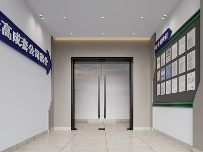 Modern Building Exterior Wall With Glass Door Signage Display Boards And Marble Floor 3d model