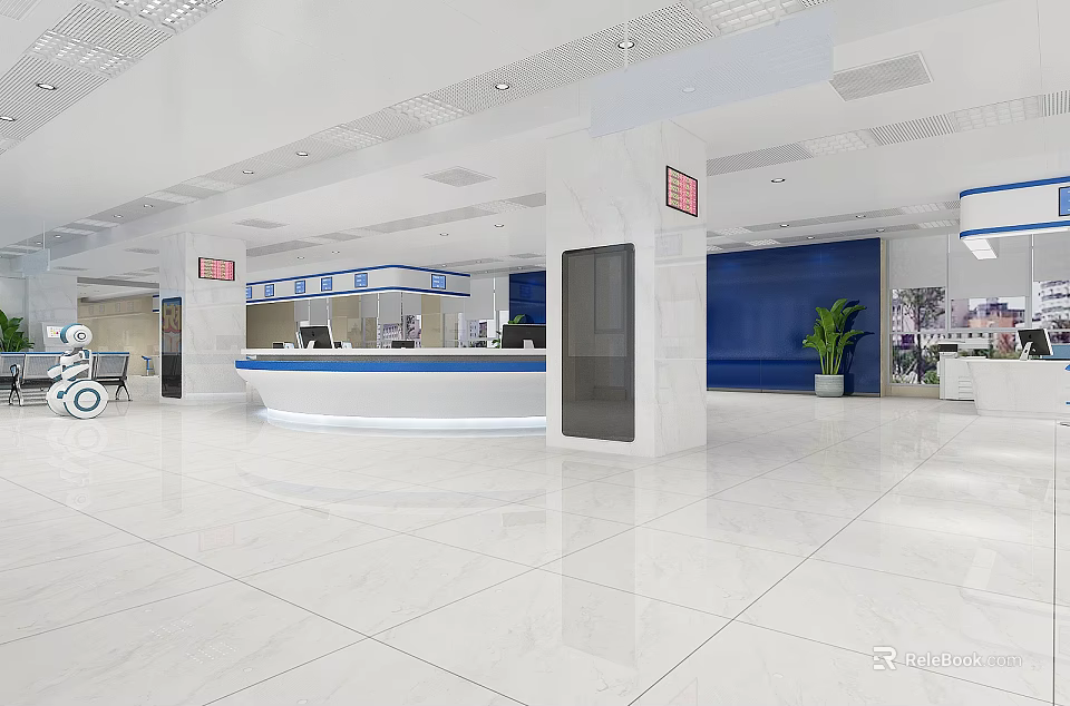 Modern Service Hall Interior With Spacious Space White Marble Floor And Reception Counter 3d model