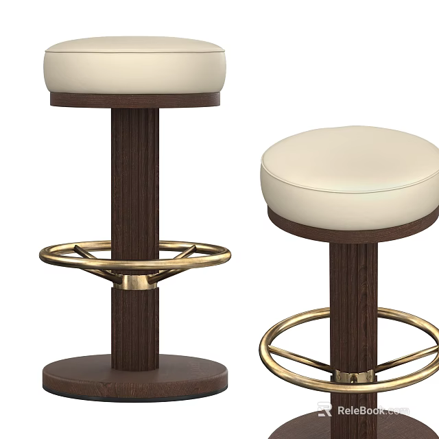 Pair of Bar Stools With White Upholstered Seats Dark Wooden Legs And Gold Metal Bases 3d model 