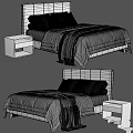 Modern Bedroom Interior With Gray Headboard White Comforter Striped Pillows And Nightstand