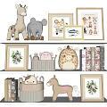 Adorable Plush Toys Arranged on Shelf with Framed Pictures Books and Decorative Basket