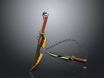 Decorative Knife With Chain Black Yellow Blade Red Handle Green Decoration And Small Knife 3d model