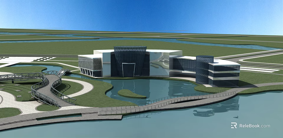 Modern Museum Building With Glass Facade Waterfront Green Area And Scenic Bridge 3d model 