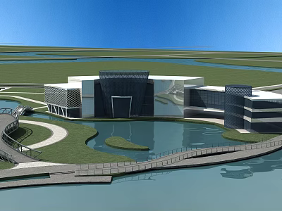 Modern Museum Building With Glass Facade Waterfront Green Area And Scenic Bridge 3d model