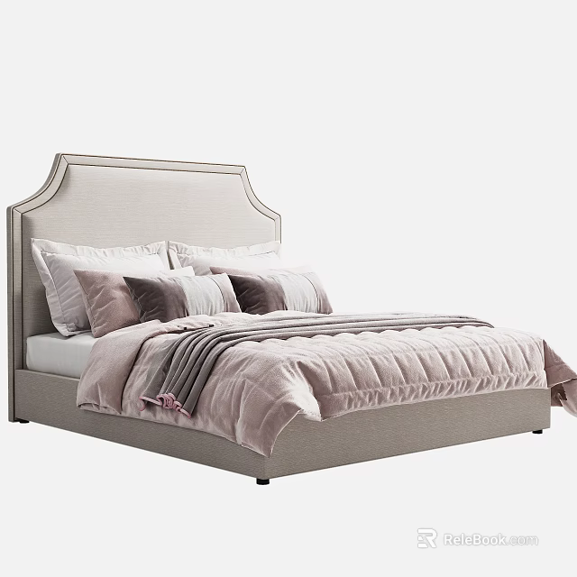 Modern Double Bed With Upholstered Headboard Multiple Pillows And Pink Quilt 3d model