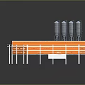 Industrial Wall Structure Featuring Orange White Design And Multi Level Platform With Silver Silos