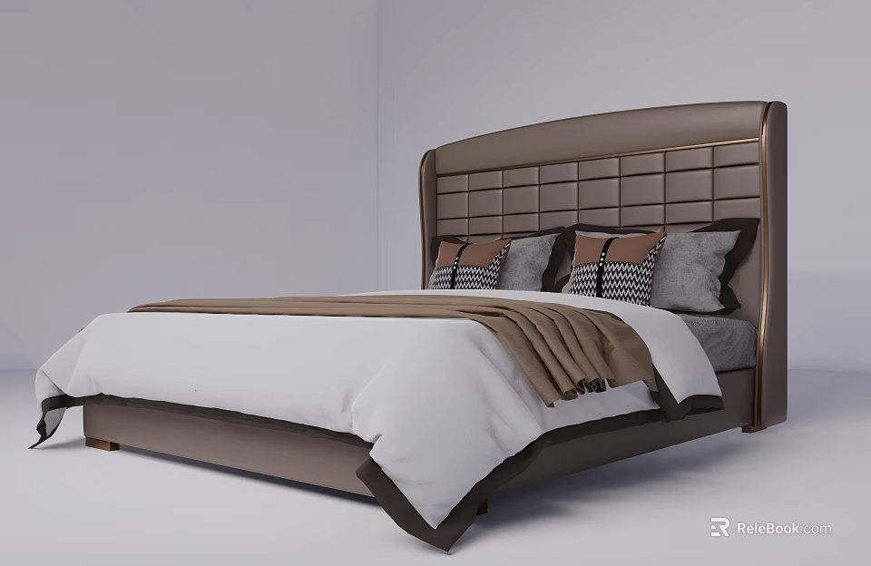 Modern Double Bed With Leather Tufted Headboard White Bedspread Brown Throw And Pillows 3d model