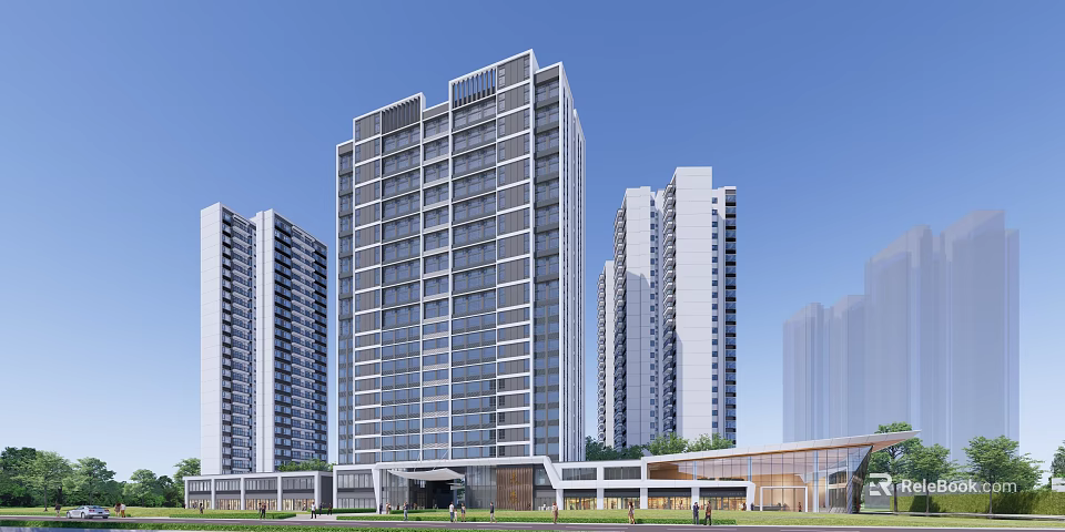 Modern Sales Office Building With Glass Facade Among High Rise Buildings And Greenery 3d model 