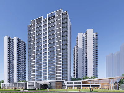 Modern Sales Office Building With Glass Facade Among High Rise Buildings And Greenery 3d model