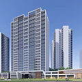 Modern Sales Office Building With Glass Facade Among High Rise Buildings And Greenery