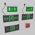 Fire Safety Equipment With Green Exit Signs Directional Arrows And Red Box