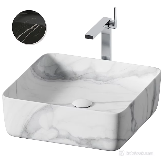 Modern Square White Marble Washbasin With Silver Faucet And Countertop Design 3d model 