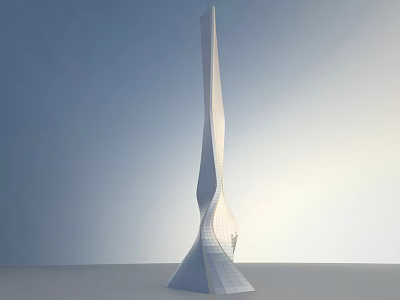 Modern Tall Tower With Sleek Curved Structure Against Blue Sky And Human Figure 3d model