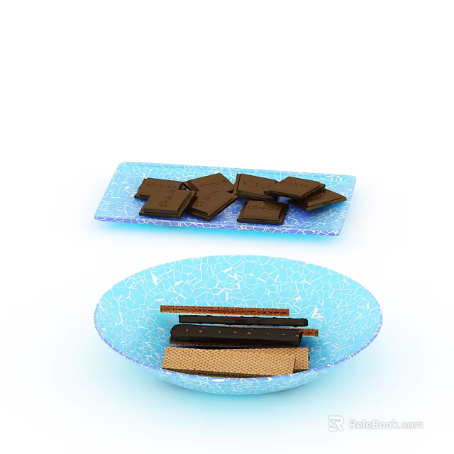 Chocolate Pieces And Wafer Sticks On Light Blue Plates With Cracked Design 3d model 
