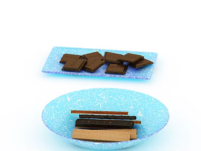 Chocolate Pieces And Wafer Sticks On Light Blue Plates With Cracked Design 3d model