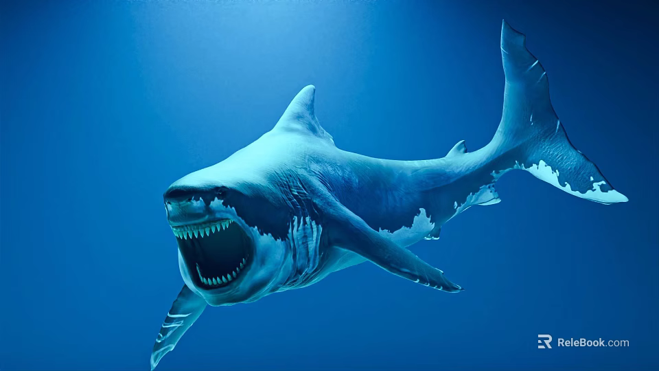 Giant Shark Swimming in Blue Ocean Water Showing Open Mouth with Sharp Teeth 3d model 