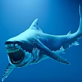 Giant Shark Swimming in Blue Ocean Water Showing Open Mouth with Sharp Teeth