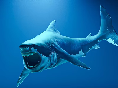 Giant Shark Swimming in Blue Ocean Water Showing Open Mouth with Sharp Teeth 3d model