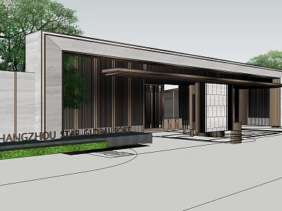 Modern Chinese Style Entrance Gate Design With Wooden Grilles Stone Walls and Greenery 3d model