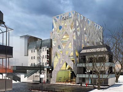 Modern Architectural Building With Unique Geometric Facade And Glass Elements In Urban Setting 3d model